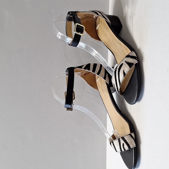 Talbots Black White Animal Print Calf Hair Mobwife Preppy Heel Sandals Size 9 - Picture 4 of 13